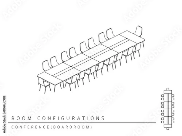 Fototapeta Meeting room setup layout configuration Conference Boardroom isometric style, perspective 3d with top view illustration outline black and white color