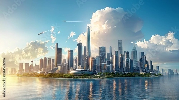 Fototapeta A futuristic skyline rises above a serene waterfront, showcasing skyscrapers, advanced architecture, and a vibrant atmosphere under a bright sky.