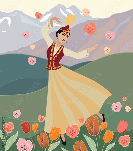 Obraz A vector image. Steppe landscape, flowers, tulips, in the background a beautiful mountain landscape, in the foreground a beautiful young Kazakh girl dancing in a Kazakh national costume