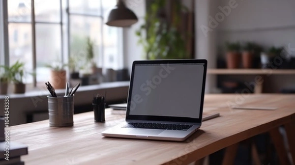 Fototapeta Minimalist Workspace with Laptop on Wooden Desk