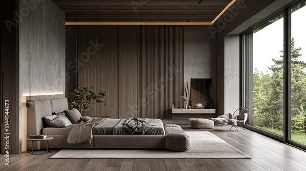 Fototapeta Minimalist bedroom with double bed, mirror on wooden floor, A cozy and minimalist bedroom with a gray and white color scheme. The bed is dressed in light blue and gray bedding,