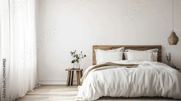 Fototapeta Coastal bedroom with soft seafoam green walls, light wood floors, Comfortable bed with cushions, lamp and different décor on white bedside table in room