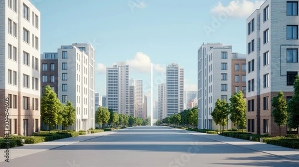 Obraz A modern urban street lined with contemporary buildings, green trees, and a clear blue sky, showcasing a tranquil city environment.