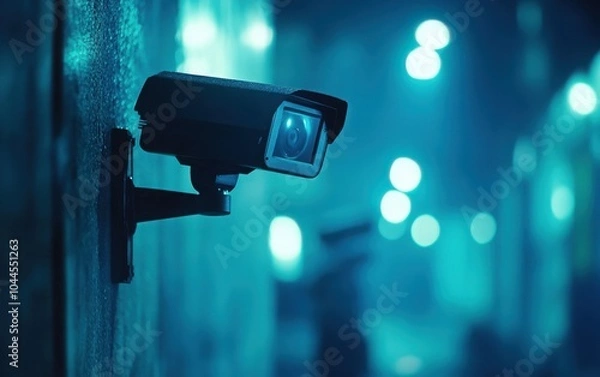 Fototapeta A close-up of a contemporary surveillance camera installed in a well-lit environment, emphasizing the role of technology in enhancing security