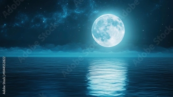 Fototapeta A starry night sky with the moon reflecting on calm waters, creating an ethereal and dreamy atmosphere. The water reflects both the stars in the deep blue sea and the bright silver of the full moon.
