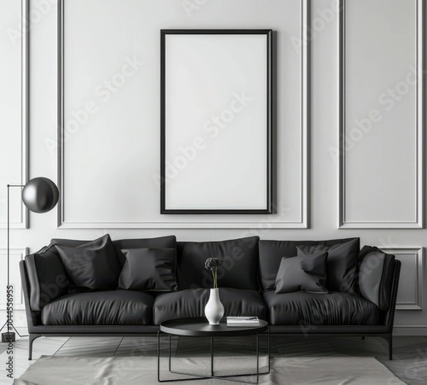 Fototapeta 「黒いソファ、コーヒーテーブル、壁に取り付けた縦長のポスターフレームのモックアップ、スタイリッシュな装飾品を備えたモダンなリビングルームインテリア。