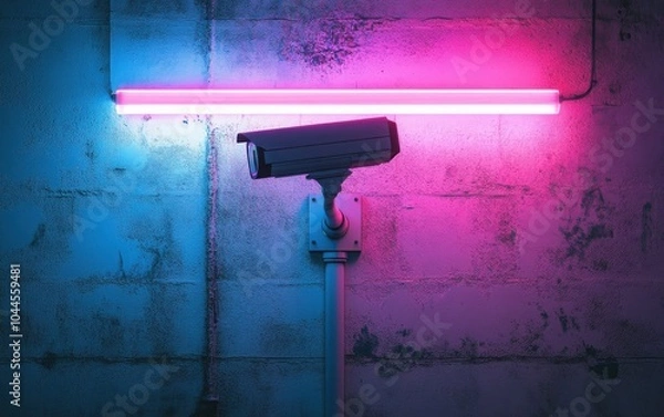Fototapeta A surveillance camera installed on a wall illuminated by vibrant pink and blue neon lights, creating a striking contrast that emphasizes the themes of security and modern technology