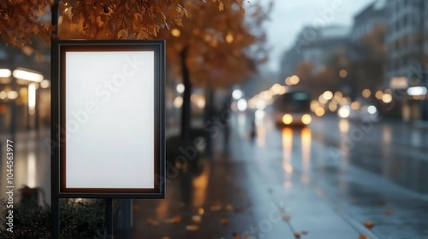 Fototapeta Blank billboard on a rainy city street with blurred lights and autumn trees. Urban scene with empty advertisement space at dusk.