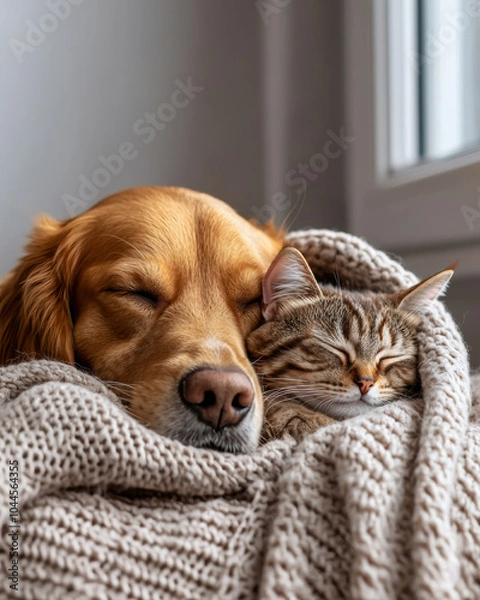 Fototapeta A dog and cat napping together, A cozy moment of a dog and cat sleeping peacefully together in a warm blanket, showcasing their friendship and comfort.