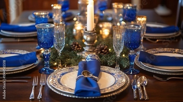 Obraz Elegant blue-themed dining table setting
