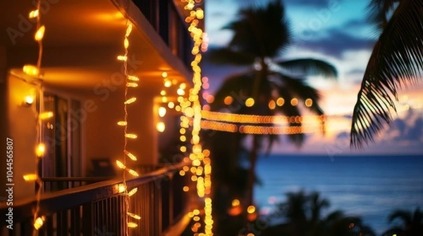 Fototapeta Cozy balcony adorned with glowing lights.