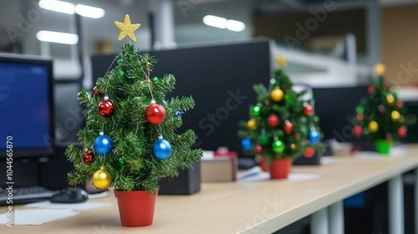 Obraz Festive mini Christmas trees on office desks