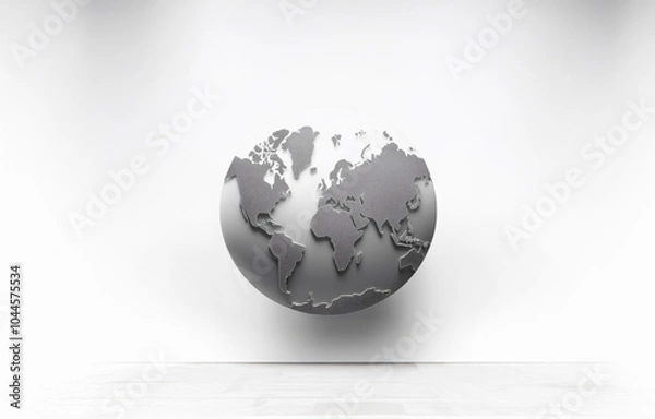 Fototapeta A 3D globe,  rendered in a monochromatic grey, sits against a white background, illuminated by a spotlight from above.