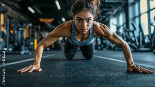 Fototapeta A person is performing core exercises on a yoga mat, focusing on strength and stability, with exercise equipment such as an exercise ball in the background.