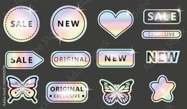 Fototapeta Holographic stickers. Sticker with emblems with various inscriptions sale, new, exclusive, with a shimmering rainbow gradient.