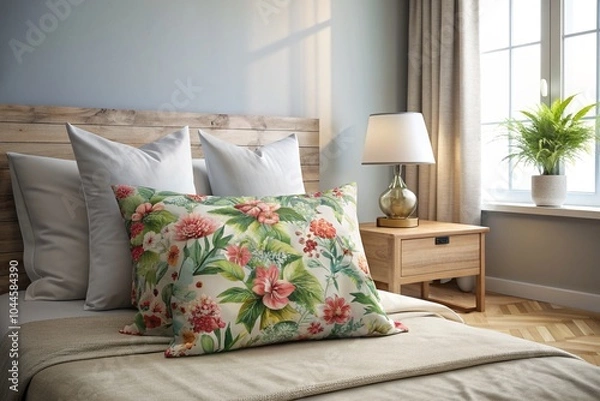 Fototapeta A bed with a floral pillow and a lamp on a table