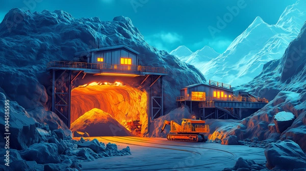 Obraz Mining illustration with workers and mining equipment on top, big rocks and coal, background is cartoon style mountain landscape.