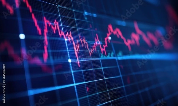 Fototapeta Closeup financial chart with uptrend line candlestick graph in stock market on blue color monitor