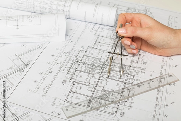 Obraz Architect working on blueprint