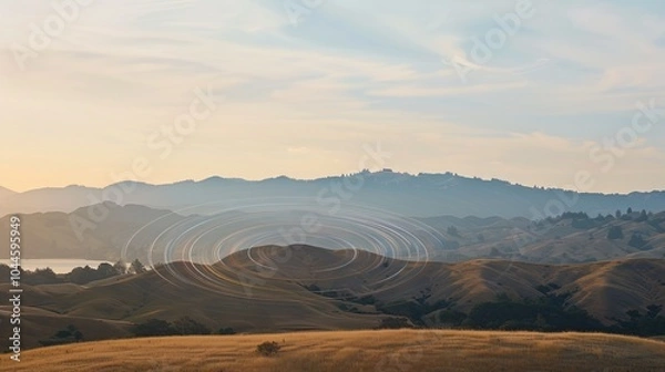 Fototapeta Sound waves radiating across a serene landscape, symbolizing the interconnectedness and harmony of natural and auditory elements.