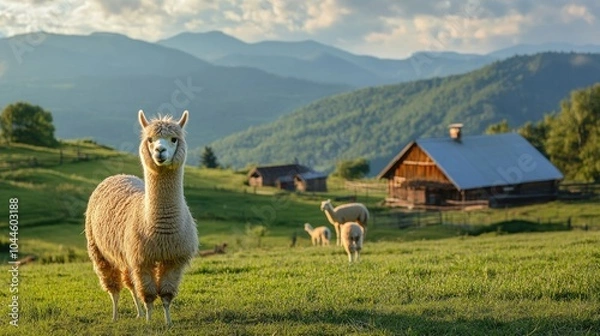 Fototapeta Joyful alpaca in a serene farm setting Space for text