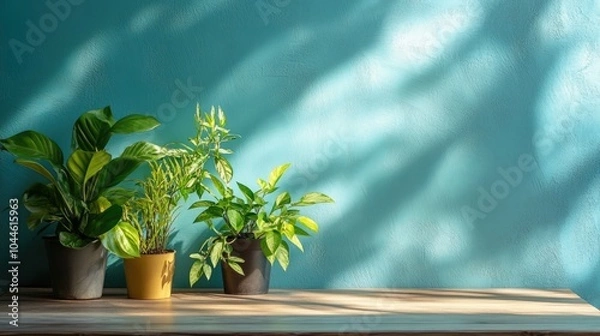 Fototapeta Indoor plants on a wooden table with a turquoise wall illuminated by sunlight showcasing sleek minimalist decor in a contemporary home interior