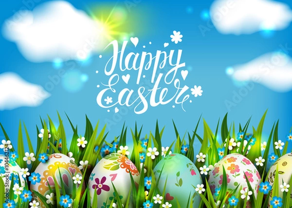 Fototapeta Template with Easter eggs and flowers
