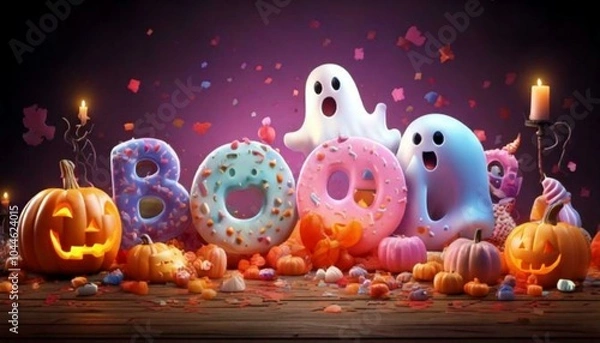 Obraz A fun and colorful Halloween scene with a pumpkin and ghost, blending playful elements like toys and animals, in a cartoon style perfect for childrenA fun and colorful Halloween scene with a pumpkin a