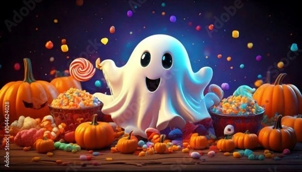 Obraz A fun and colorful Halloween scene with a pumpkin and ghost, blending playful elements like toys and animals, in a cartoon style perfect for childrenA fun and colorful Halloween scene with a pumpkin a