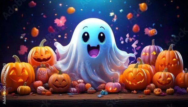 Obraz A fun and colorful Halloween scene with a pumpkin and ghost, blending playful elements like toys and animals, in a cartoon style perfect for childrenA fun and colorful Halloween scene with a pumpkin a