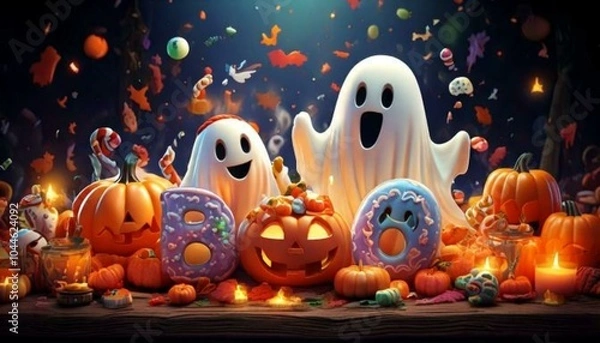 Obraz A fun and colorful Halloween scene with a pumpkin and ghost, blending playful elements like toys and animals, in a cartoon style perfect for childrenA fun and colorful Halloween scene with a pumpkin a