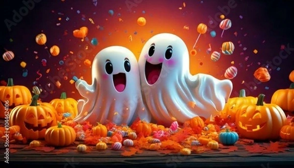 Obraz A fun and colorful Halloween scene with a pumpkin and ghost, blending playful elements like toys and animals, in a cartoon style perfect for childrenA fun and colorful Halloween scene with a pumpkin a