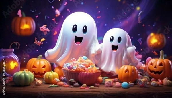 Obraz A fun and colorful Halloween scene with a pumpkin and ghost, blending playful elements like toys and animals, in a cartoon style perfect for childrenA fun and colorful Halloween scene with a pumpkin a