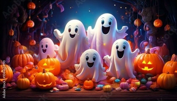 Obraz A fun and colorful Halloween scene with a pumpkin and ghost, blending playful elements like toys and animals, in a cartoon style perfect for childrenA fun and colorful Halloween scene with a pumpkin a