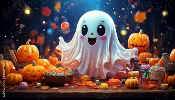 Obraz A fun and colorful Halloween scene with a pumpkin and ghost, blending playful elements like toys and animals, in a cartoon style perfect for childrenA fun and colorful Halloween scene with a pumpkin a