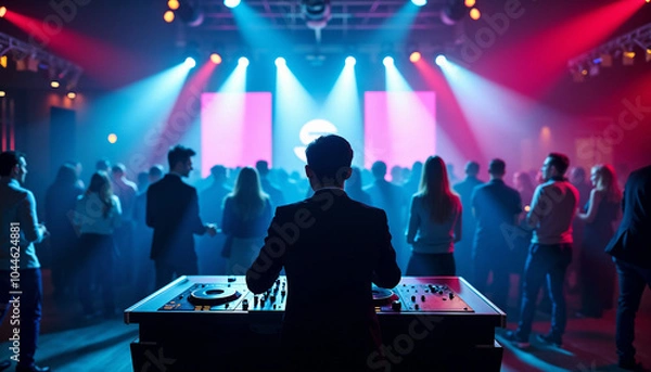 Fototapeta DJ performing energetically at a corporate event with illuminated stage and audience
