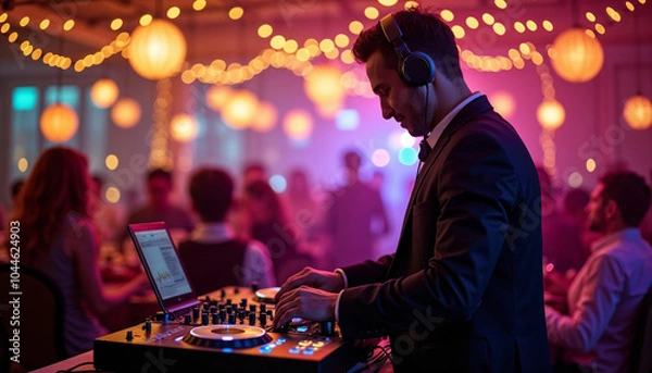 Fototapeta DJ playing music with excitement at a corporate event with colorful lighting

