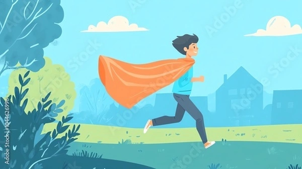 Fototapeta A boy in a superhero costume running joyfully in a park with vibrant nature around him.