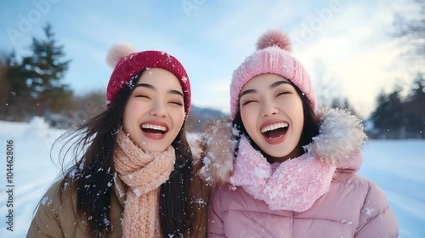 Fototapeta Joyful winter moments two friends embrace the magic of snowy days with laughter and smiles in a beautiful landscape