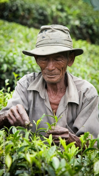 Fototapeta An elderly man with a weathered face, wearing a faded hat and grey shirt, tends to a lush green field of tea plants. His hands are carefully working the leaves, reflecting years of experience and care