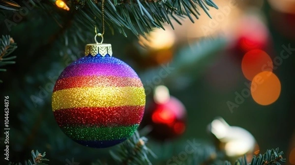 Fototapeta Colorful Ornament Hanging on Christmas Tree Branch