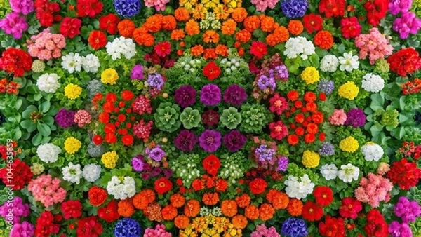Fototapeta Symmetrical bed with blooming geranium in multiple colors