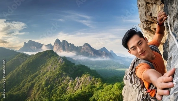 Fototapeta The image shows a person standing on a rock at the top of a mountain, surrounded by nature and a wide-open sky, capturing the essence of adventure and the beauty of the outdoors