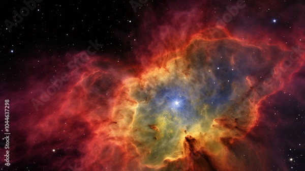 Fototapeta close up of vibrant nebula with swirling colors of red, orange, and blue with newborn stars and cosmic dust celestial scene concept