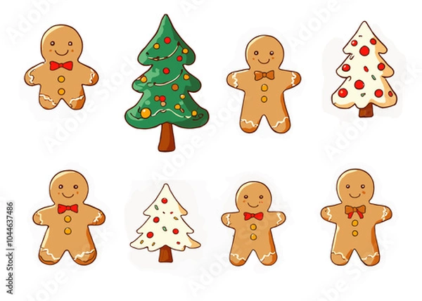 Obraz Charming Christmas sticker set featuring hand-drawn gingerbread men and decorated Christmas trees for holiday crafts.