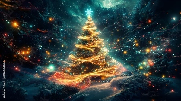 Fototapeta Quantum Entangled Christmas Tree Glowing Fractal Patterns Linking Distant Loved Ones in Real Time