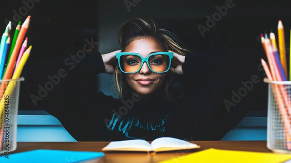 Fototapeta Cool marketing intern with trendy hairdo, laidback outfit, and funky, vibrant glasses taking a break from writing in her notebook