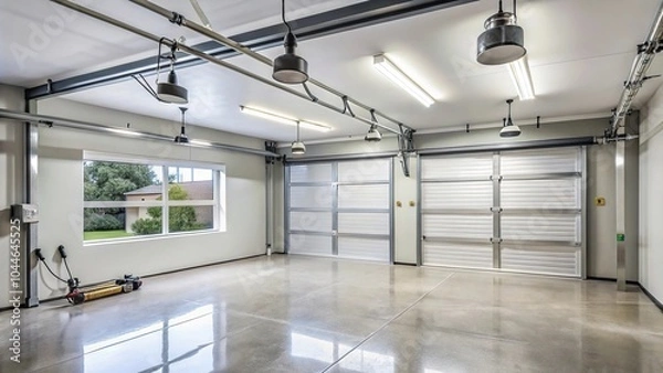 Fototapeta Symmetrical Contractor repairing and installing garage door opener, replacing and repairing broken garage door spring