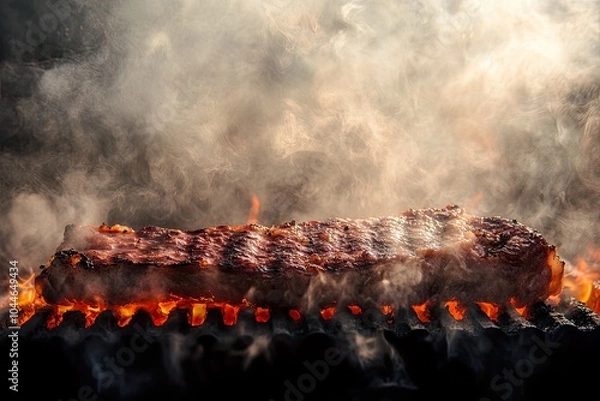Fototapeta Grilled meat sizzling over hot flames and smoke.