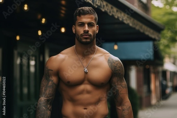 Obraz A man with a necklace and tattoos on his arms stands in front of a building